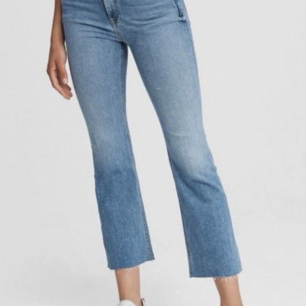 Rag & Bone Hana High-Rise Cropped Flare Jeans in the "Levee" light denim wash.